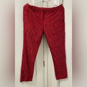 Red Mid-Rise Lace Toothpick Cropped Pants